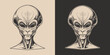 Vintage retro cartoon comics alien ufo creature humanoid person character spooky funny face portrait. Graphic Art in engraving woodcut