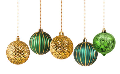 Wall Mural - five gold and green decoration christmas balls collection hanging isolated