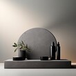© Zireael - Capture attention with this minimalist-style concrete podium, showcasing cosmetics in a trendy gray color. A stylish addition to any beauty product presentation. Ai generative