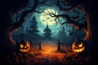 canvas print picture - Halloween pumpkin head jack lantern with burning candles, Spooky Forest with a full moon and wooden table, Pumpkins In Graveyard In The Spooky Night - Halloween Backdrop. Ai Generative