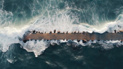 Wall Mural - Concrete pier in the ocean, big waves, top view. Generative AI