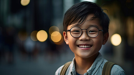 Wall Mural - Happy satisfied asian boy wearing glasses portrait outside. Generative Ai