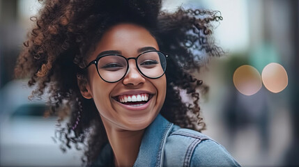 Wall Mural - Happy satisfied black people girl wearing glasses portrait outside. Generative Ai