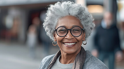 Wall Mural - Happy satisfied black people senior woman wearing glasses portrait outside. Generative Ai