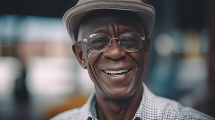 Wall Mural - Happy satisfied black people senior man wearing glasses portrait outside. Generative Ai