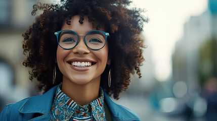 Wall Mural - Happy satisfied black people woman wearing glasses portrait outside. Generative Ai