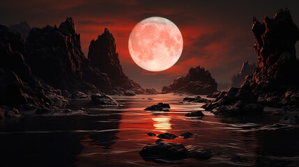 Wall Mural - fantasy night landscape, red moon. generative ai