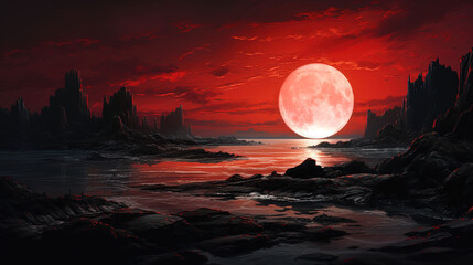 Wall Mural - fantasy night landscape, red moon. generative ai