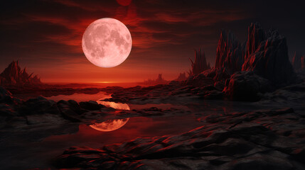 Wall Mural - fantasy night landscape, red moon. generative ai