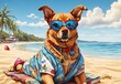 Illustration of dog wearing sunglass on vacation at beach 