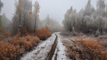 The Road In The Snowy Forest. Outskirts Of The Siberian City. Generative Ai