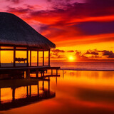 Fototapeta Na ścianę - A tranquil bungalow illuminated by a vibrant Caribbean sunset, its silhouette creating a mesmerizing reflection. Generative AI