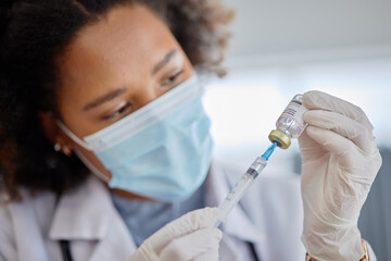 Wall Mural - Smallpox, vaccine and vial with doctor, needle and healthcare safety in hospital. Woman, nurse with face mask and injection for vaccination, virus and bottle for immunity, medical development or help