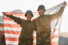 Army, Portrait Of Man And Woman With American Flag, Solidarity And Team Pride Together At War Time. Smile, Happiness And Soldier Partnership, People With Patriot Service In Military Uniform For USA.