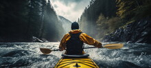Whitewater Kayaking, Down A White Water Rapid River In The Mountains. Hand Edited Generative AI.