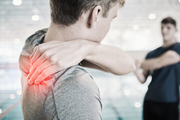 Shoulder pain, man and red overlay for sports injury and inflammation at swimming pool. Massage, male person and back with wellness and exercise issue with athlete after accident and joint bruise