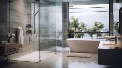 Wall Mural - Modern Interior of bathroom with a shower area and bathtub, Generative AI