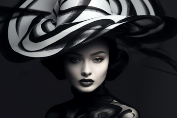 Wall Mural - collage generative ai modern technology picture of charming young lady elegance luxury white hat fre
