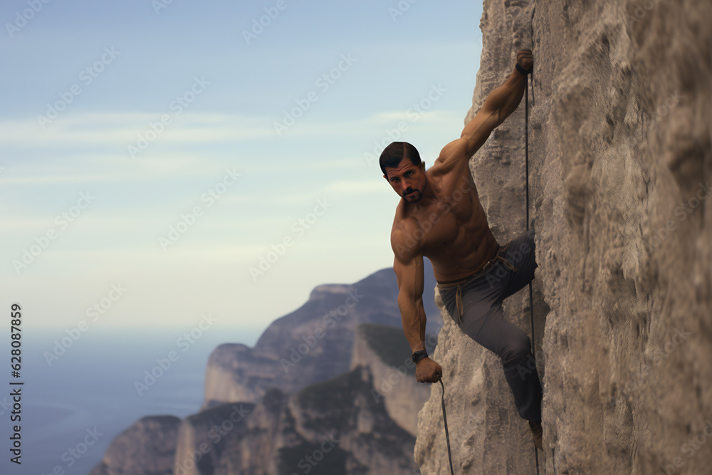 A shirtless muscular man hanging down from an edge of a cliff by tightly grabbing the edge.