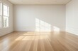Empty room and wall and wooden floor with interesting with glare from the window. Interior background for the presentation. Generative AI