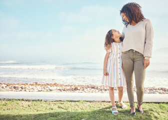 Canvas Print - Mockup, mother and child at the beach for vacation or holiday feeling happy, freedom and happiness together. Space, love and mom bonding with kid or girl as care, support and travel in summer