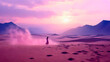 Lonely woman walking in the desert and beautiful sunset and mountains.