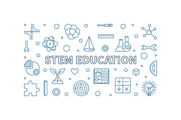 Wall Mural - STEM Education - Science, Technology, Engineering, Mathematics line banner. Vector horizontal Illustration