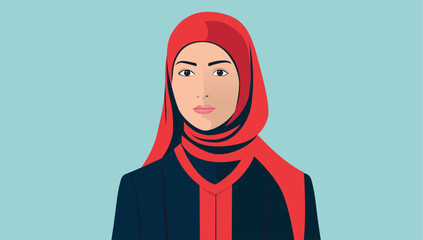 Aufkleber - Muslim woman in hijab vector illustration - Portrait of female person face and upper body. Flat design with teal background