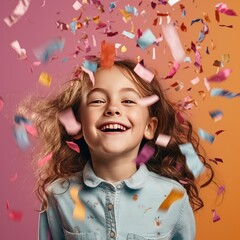 Birthday child happy girl with confetti on colored background. Generative AI.