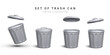 Set of 3d realistic silver trash can on white background. Vector illustration