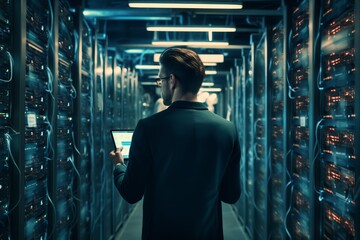 a man with a tablet checks the server room. concept network, artificial intelligence, . generative a