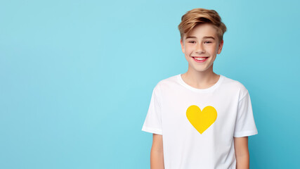 Wall Mural - Smiling boy wearing t-shirt with drawn heart isolated on blue background. AI Generated.