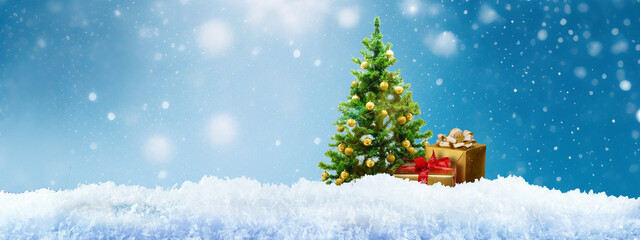 Wall Mural - Background for a greeting card for Christmas and New Year with a small Christmas tree and a gift.