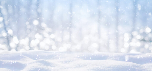 Wall Mural - festive christmas natural snowy background, abstract empty stage, snow, snowdrift and defocused chri