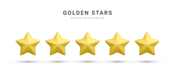 3d realistic five golden stars icons isolated on white background. Customer rating feedback concept for rating product, internet website or mobile application. Vector illustration