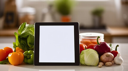 Wall Mural - Digital tablet computer with mockup white screen on vegetarian healthy food vegetable background. Online grocery shopping delivery app ads concept