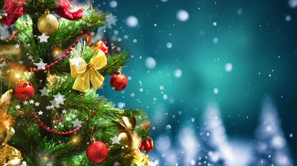 Wall Mural - decorated christmas tree close-up against the backdrop of a winter forest with falling snow flakes. 