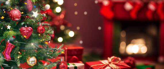 Wall Mural - beautiful red christmas background with a decorated christmas tree in the living room near the firep