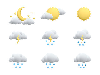 set of 3d realistic forecast weather icons isolated on white background. sun, moon, star, lightning,