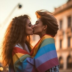 Young women on street enjoying holding gay pride flag. Diversity, tolerance and gender identity concept, LGBT community.