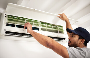 Canvas Print - Maintenance, air conditioner technician and man with filter, working on ventilation or ac repair. Contractor, handyman or electric aircon machine expert problem solving or cleaning dust in office