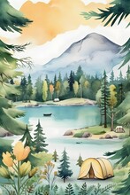 Create A Hand Drawn Watercolor Clipart Of Natural Elements Like Trees, Flowers, Mountains, Lakes, Rivers, Or Wildlife, Which Can Be Used To Enhance The Overall Camping Scenes, 4k,