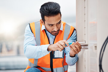 Poster - Tools, engineering and man with air conditioner for maintenance, repair and inspection on roof. Solar power, construction and male worker with equipment for service, installation or electricity check