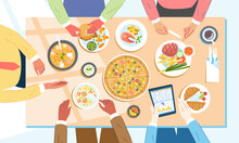 Group Of Business People Having Dinner In Restaurant Table Full Of Plates With Food Human Hands Holding Cutlery Top View