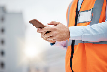 Poster - Phone, engineering and hands of man in city for architecture, construction site and communication. Building, social media and mobile app with closeup of contractor for contact, networking and mockup