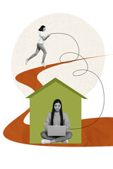 Poster - Vertical composite photo collage of woman sitting at home with laptop chatting typing message isolated on creative colorful background