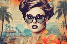 Collage Of Girl In Retro Style With Hairstyle, Glasses And Palm Trees On Newspaper Background, Generative AI