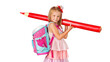 © Igor Link - Little happy child with a red pen, ready to learn on first school day. Isolated on free PNG Background