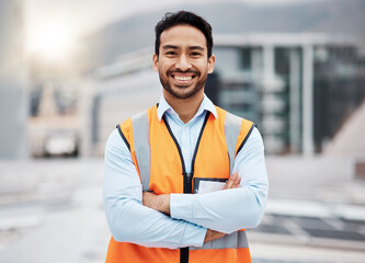 Portrait, construction worker and man smile with arms crossed with solar panel job outdoor. Roof, eco engineer and green energy project with builder and sustainability contractor ready for work