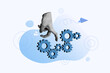 © deagreez - Collage portrait of black white effect human arm fingers walk run cogwheel gear mechanism flying paper plane isolated on painted background